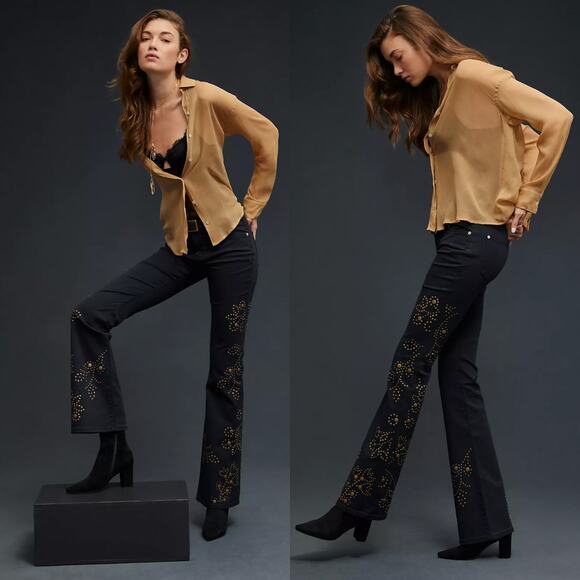 Anthropologie Pilcro The Icon Flare Jeans Studded in Black Brass Size 33 Tall - Picture 1 of 13